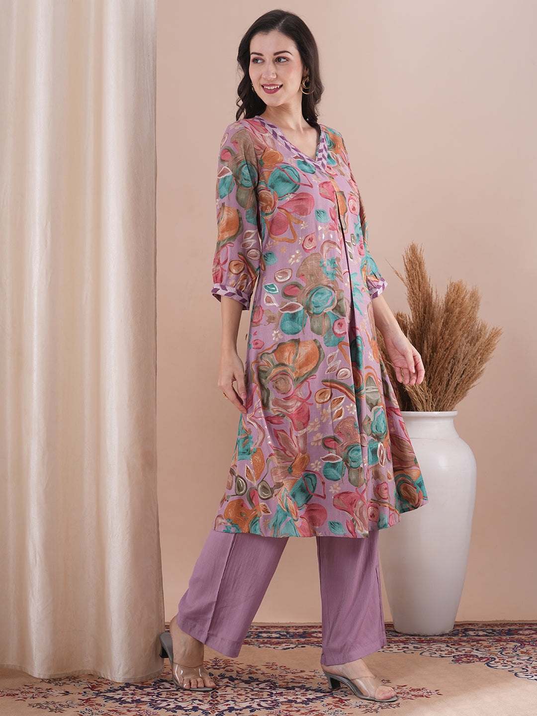 Abstract Floral Foil Printed A-Line Kurta with Palazzo - Lavender