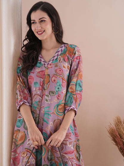 Abstract Floral Foil Printed A-Line Kurta with Palazzo - Lavender