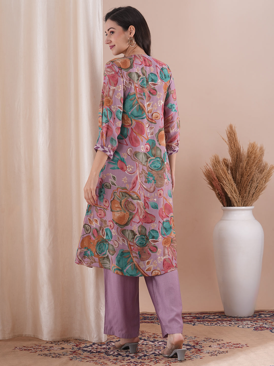 Abstract Floral Foil Printed A-Line Kurta with Palazzo - Lavender