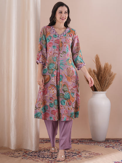 Abstract Floral Foil Printed A-Line Kurta with Palazzo - Lavender