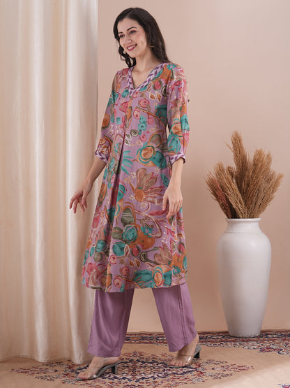 Abstract Floral Foil Printed A-Line Kurta with Palazzo - Lavender