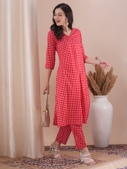 Checks Printed A-Line Co-ord Set - Red