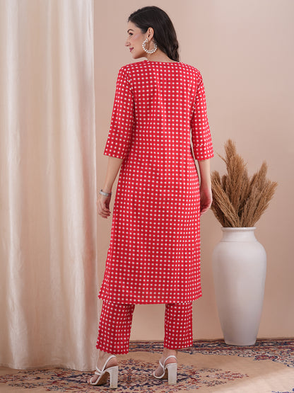 Checks Printed A-Line Co-ord Set - Red