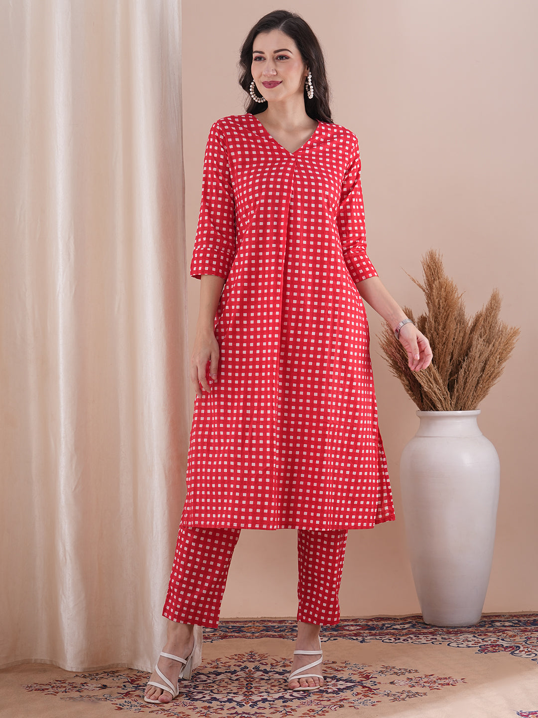 Checks Printed A-Line Co-ord Set - Red