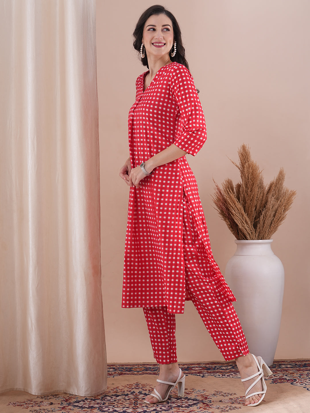 Checks Printed A-Line Co-ord Set - Red