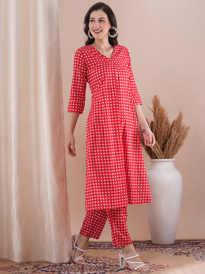 Checks Printed A-Line Co-ord Set - Red