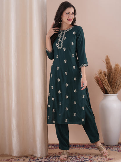 Ethnic Embroidered Straight Fit Co-ord Set - Green