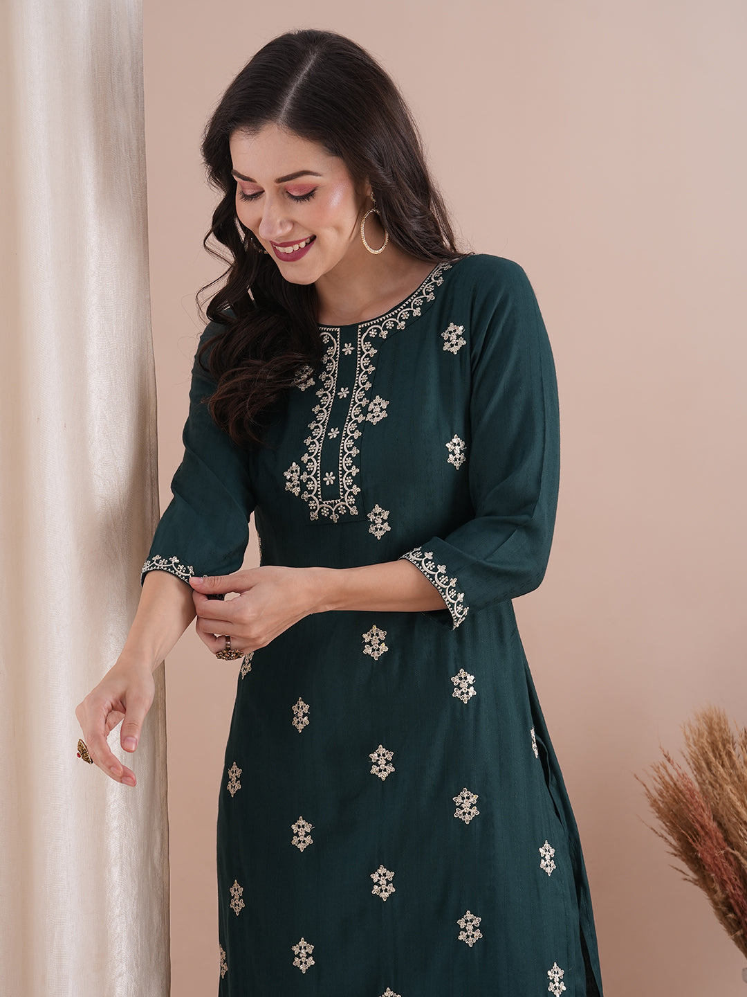 Ethnic Embroidered Straight Fit Co-ord Set - Green