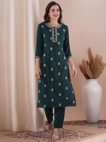 Ethnic Embroidered Straight Fit Co-ord Set - Green