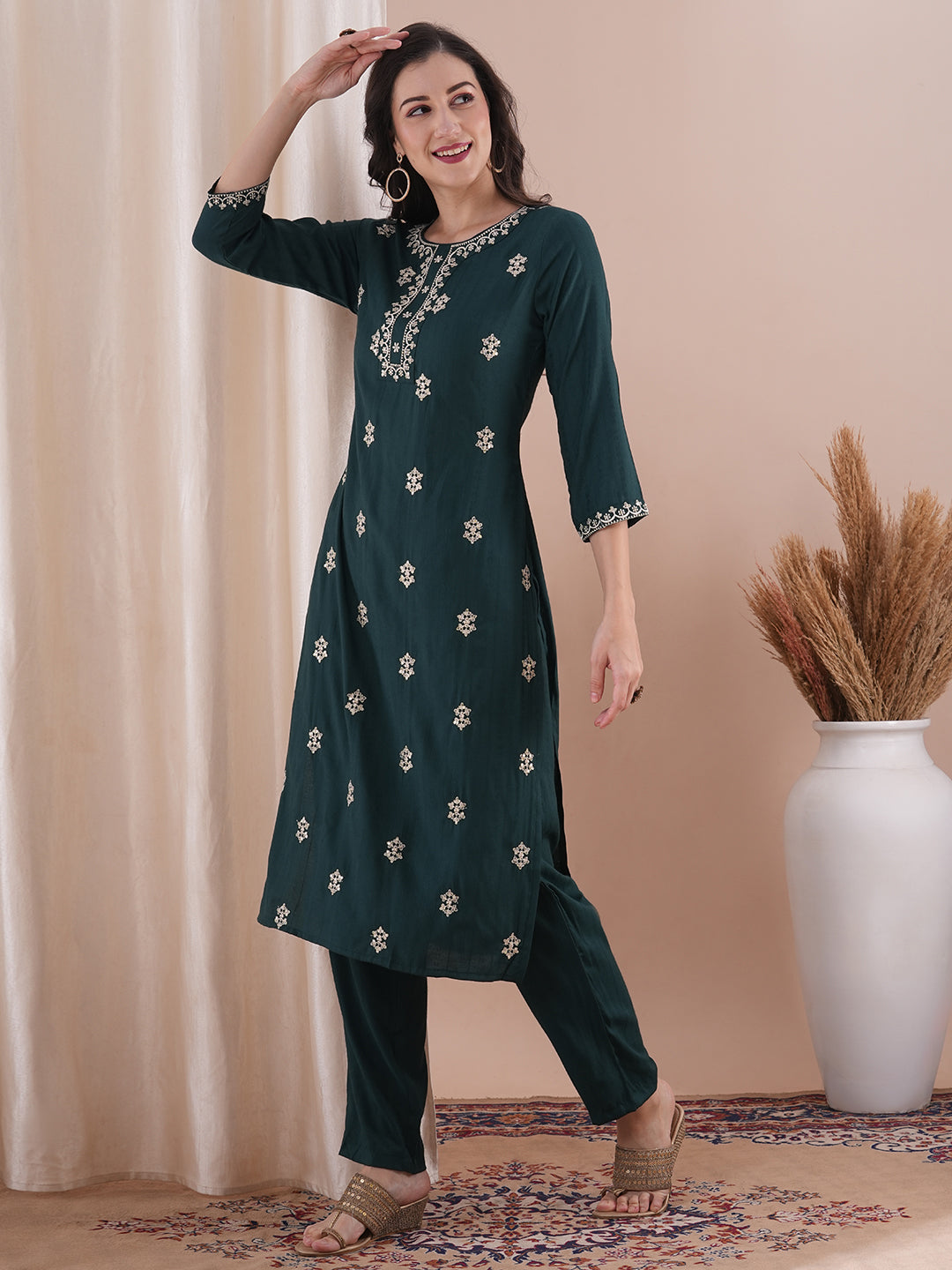 Ethnic Embroidered Straight Fit Co-ord Set - Green