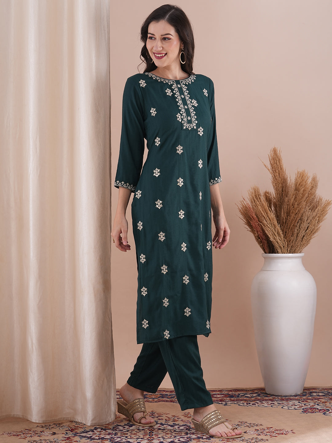 Ethnic Embroidered Straight Fit Co-ord Set - Green