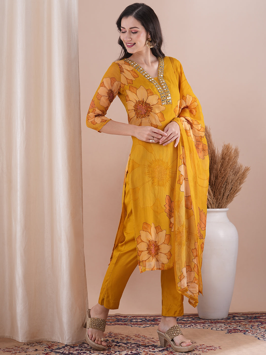 Abstract Floral Printed Mirror Embroidered Straight Fit Kurta with Pant and Dupatta - Mustard