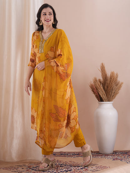 Abstract Floral Printed Mirror Embroidered Straight Fit Kurta with Pant and Dupatta - Mustard