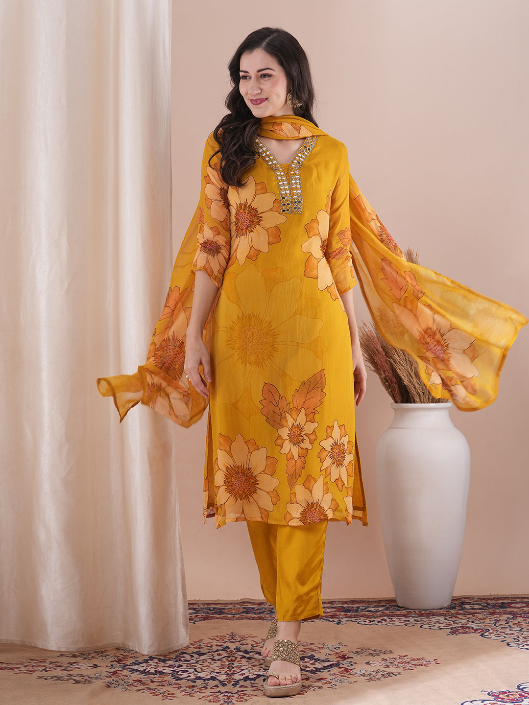 Abstract Floral Printed Mirror Embroidered Straight Fit Kurta with Pant and Dupatta - Mustard