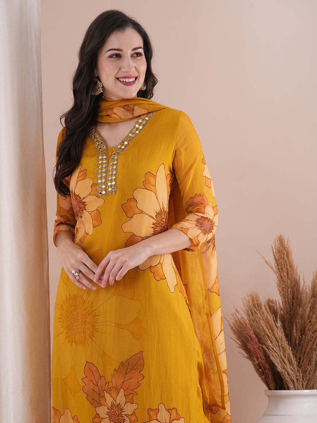 Abstract Floral Printed Mirror Embroidered Straight Fit Kurta with Pant and Dupatta - Mustard