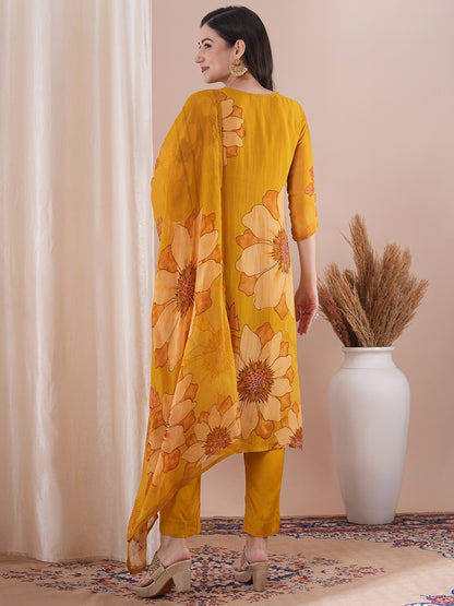 Abstract Floral Printed Mirror Embroidered Straight Fit Kurta with Pant and Dupatta - Mustard