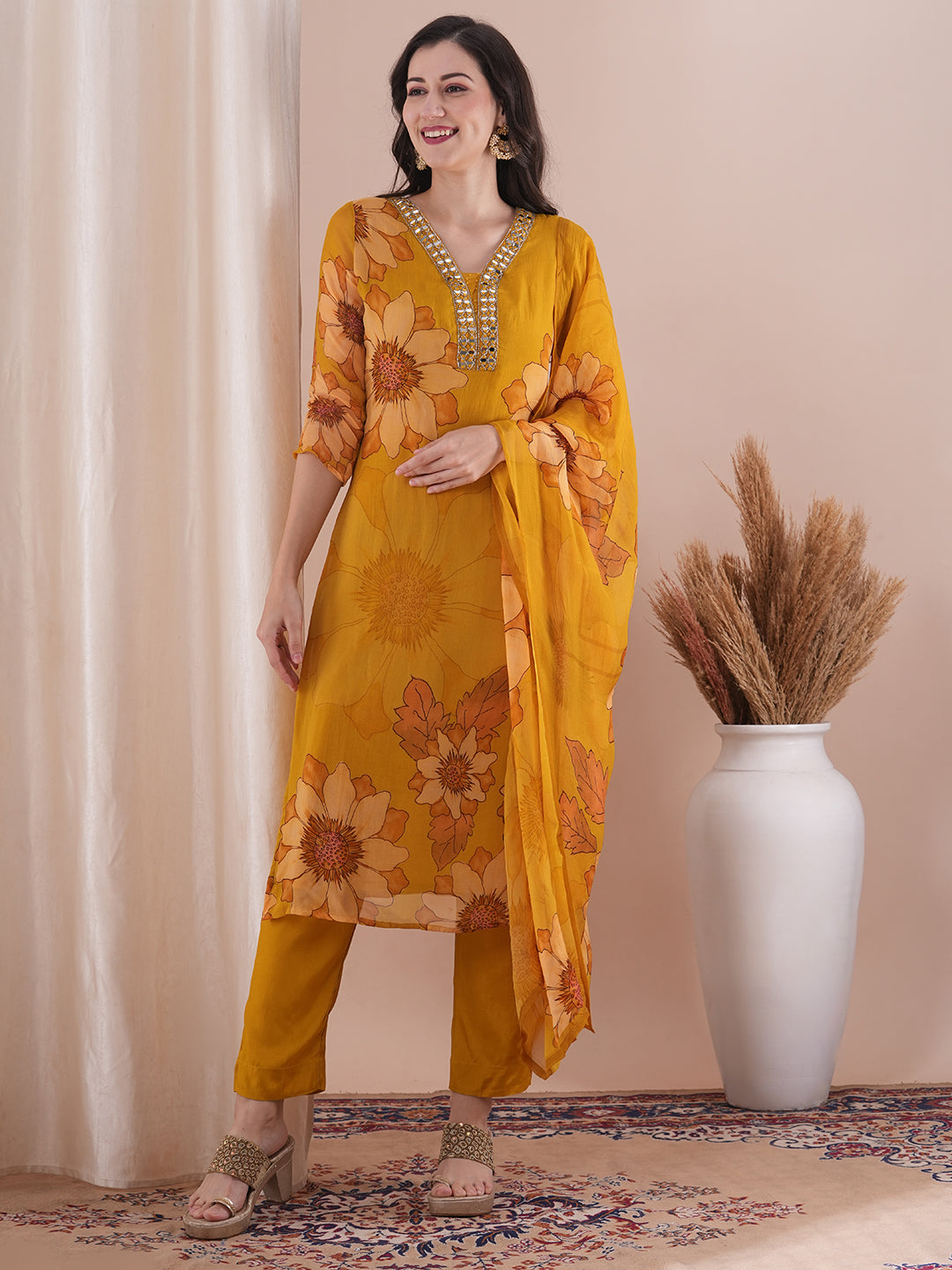 Abstract Floral Printed Mirror Embroidered Straight Fit Kurta with Pant and Dupatta - Mustard