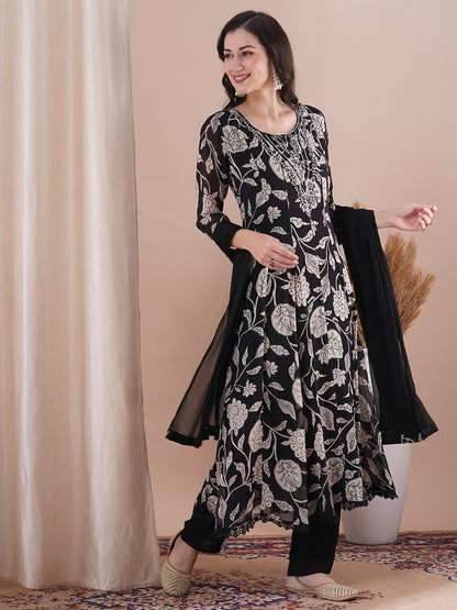 Kalamkari Printed Anarkali Flared Kurta with Pant and Dupatta - Black