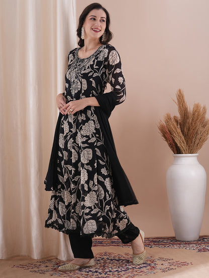 Kalamkari Printed Anarkali Flared Kurta with Pant and Dupatta - Black