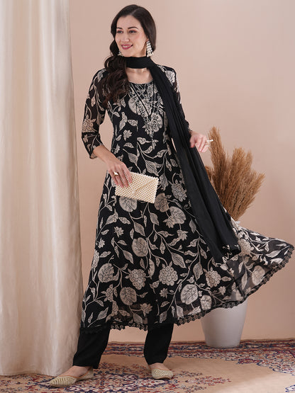 Kalamkari Printed Anarkali Flared Kurta with Pant and Dupatta - Black