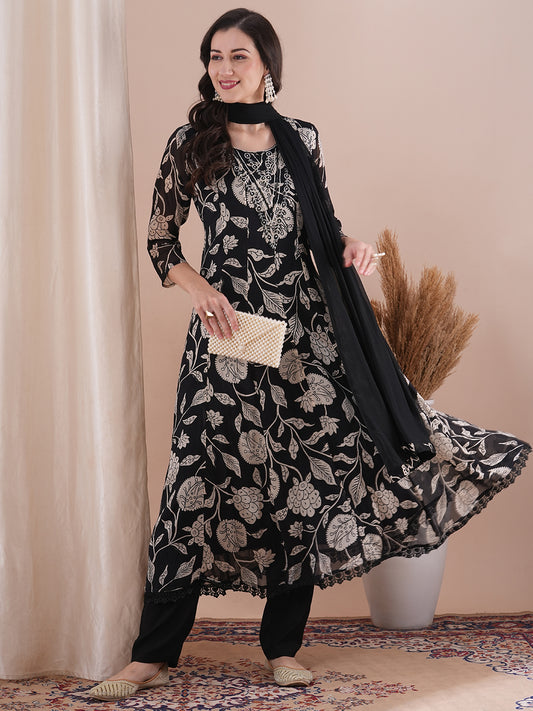 Kalamkari Printed Anarkali Flared Kurta with Pant and Dupatta - Black