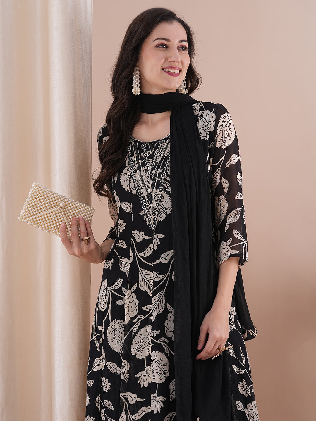 Kalamkari Printed Anarkali Flared Kurta with Pant and Dupatta - Black