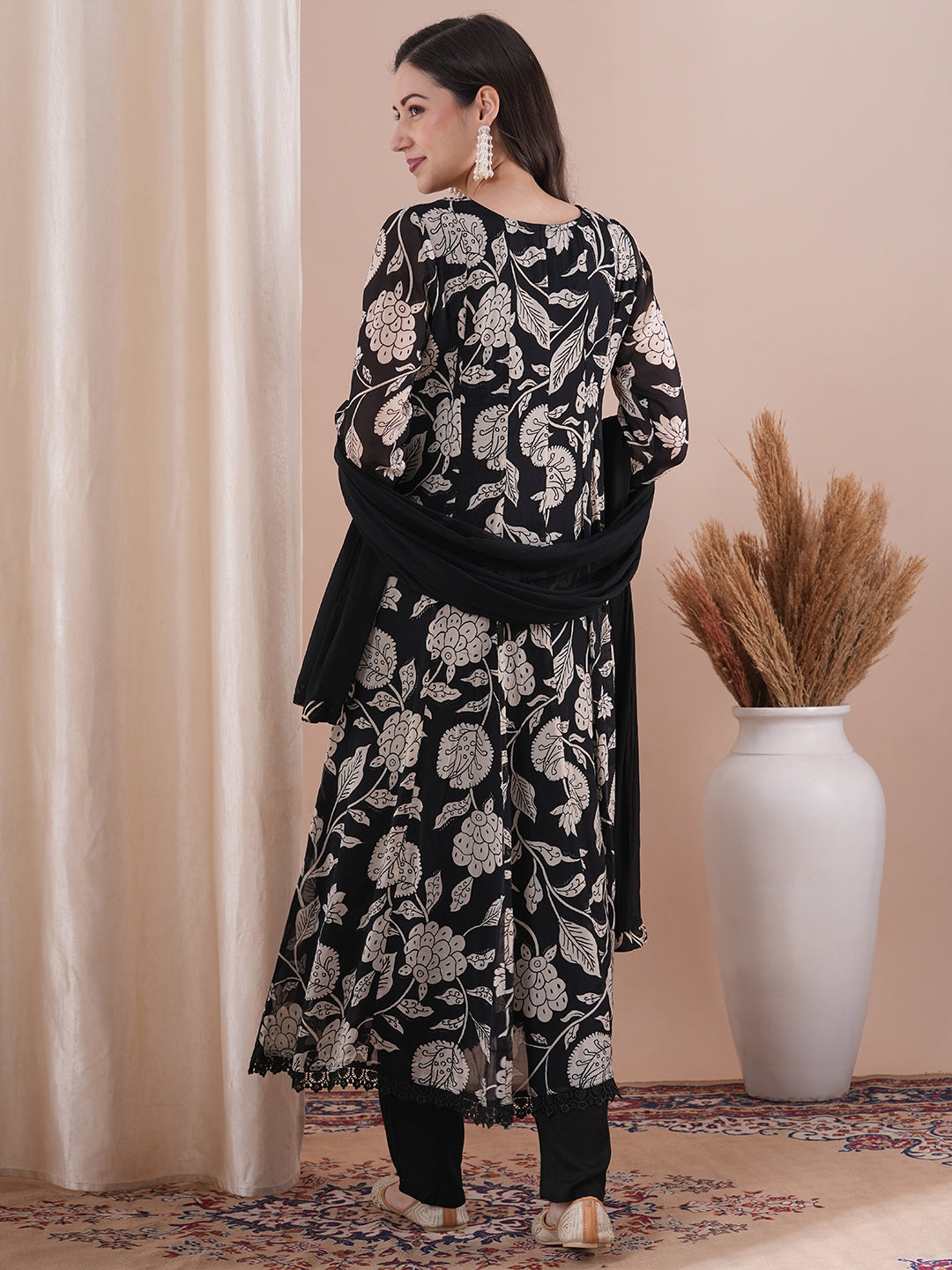 Kalamkari Printed Anarkali Flared Kurta with Pant and Dupatta - Black