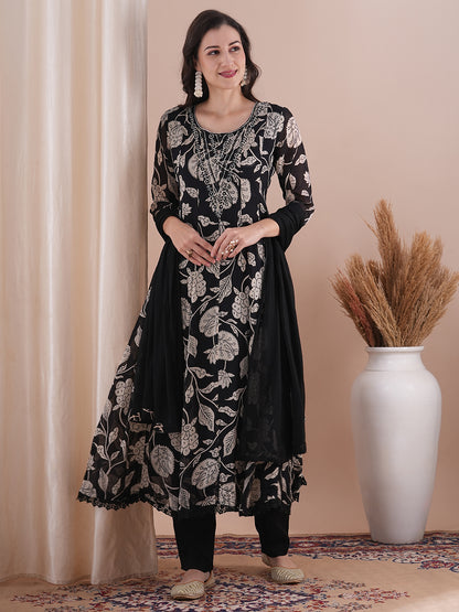 Kalamkari Printed Anarkali Flared Kurta with Pant and Dupatta - Black