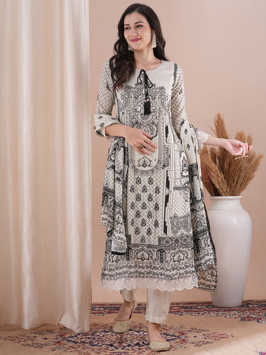 Ethnic Floral Printed Embroidered Straight Fit Kurta with Pant and Dupatta - Off White