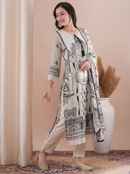 Ethnic Floral Printed Embroidered Straight Fit Kurta with Pant and Dupatta - Off White