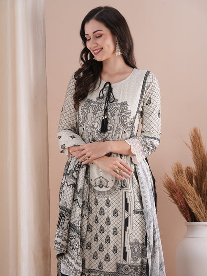 Ethnic Floral Printed Embroidered Straight Fit Kurta with Pant and Dupatta - Off White