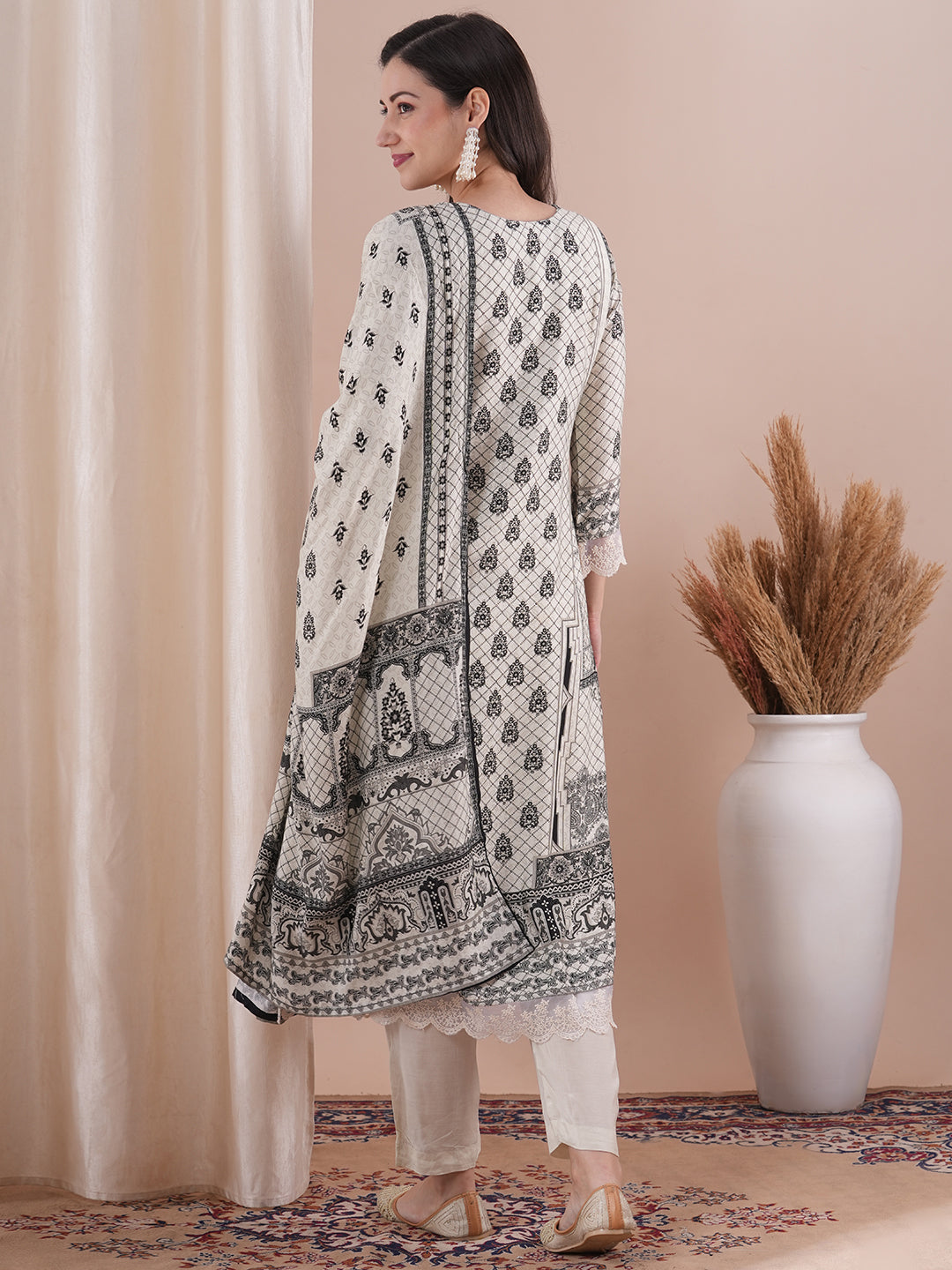 Ethnic Floral Printed Embroidered Straight Fit Kurta with Pant and Dupatta - Off White