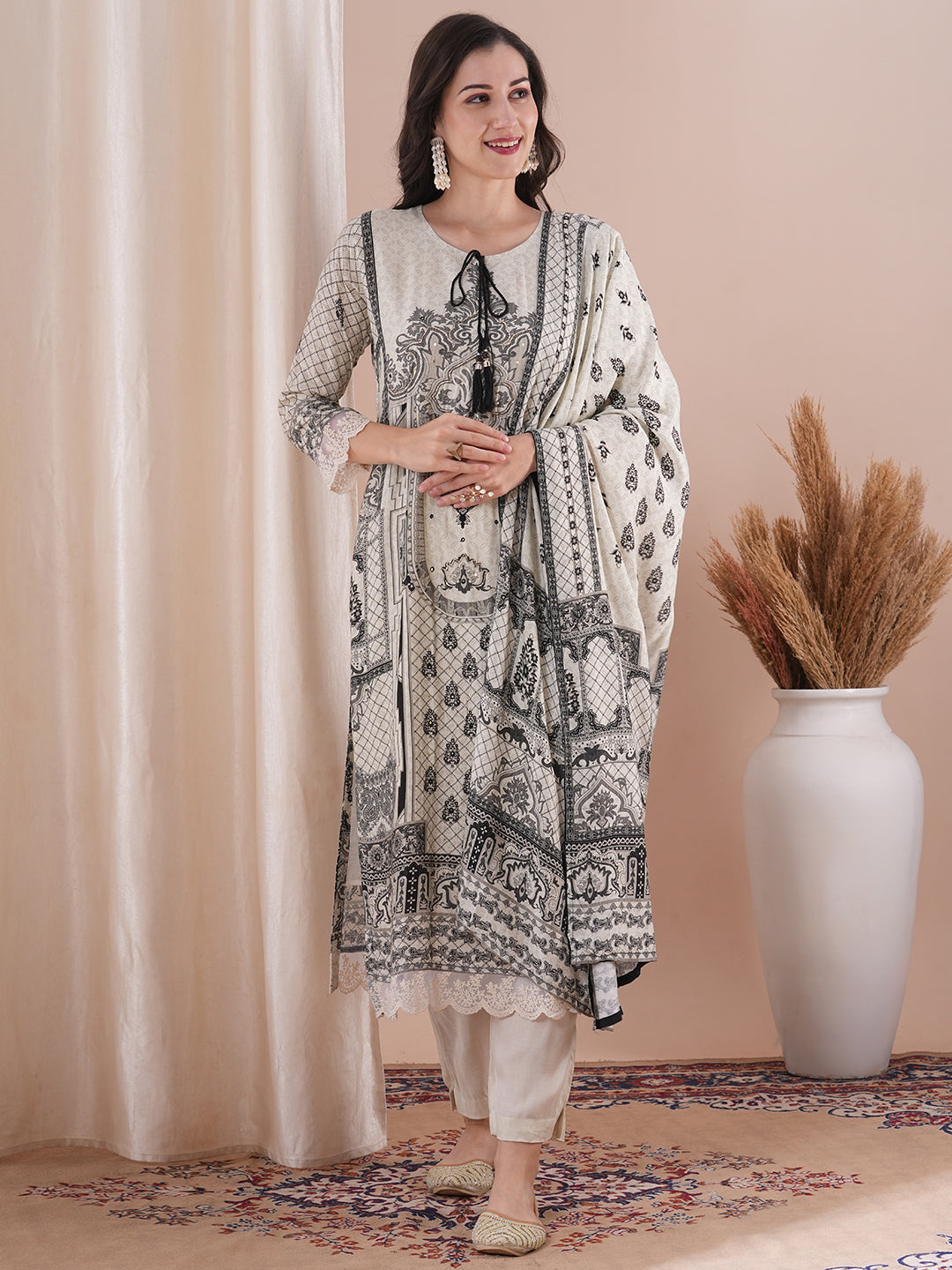 Ethnic Floral Printed Embroidered Straight Fit Kurta with Pant and Dupatta - Off White