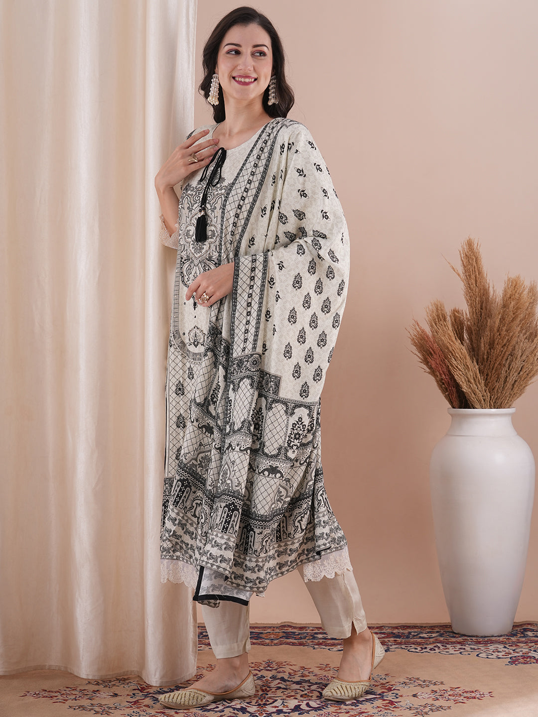 Ethnic Floral Printed Embroidered Straight Fit Kurta with Pant and Dupatta - Off White