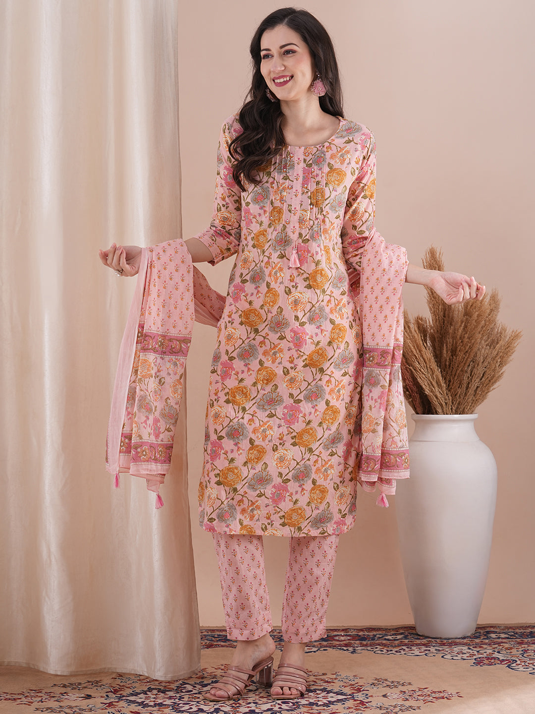 Ethnic Floral Printed & Embroidered Straight Fit Kurta with Pant and Dupatta - Pink