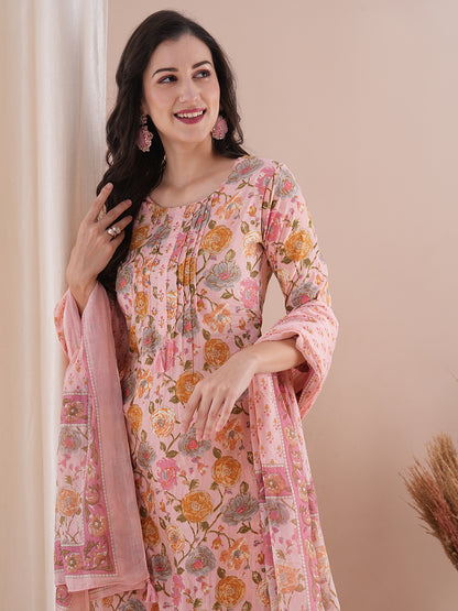 Ethnic Floral Printed & Embroidered Straight Fit Kurta with Pant and Dupatta - Pink