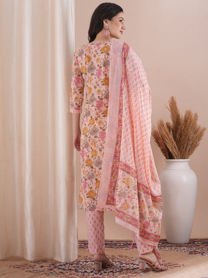 Ethnic Floral Printed & Embroidered Straight Fit Kurta with Pant and Dupatta - Pink