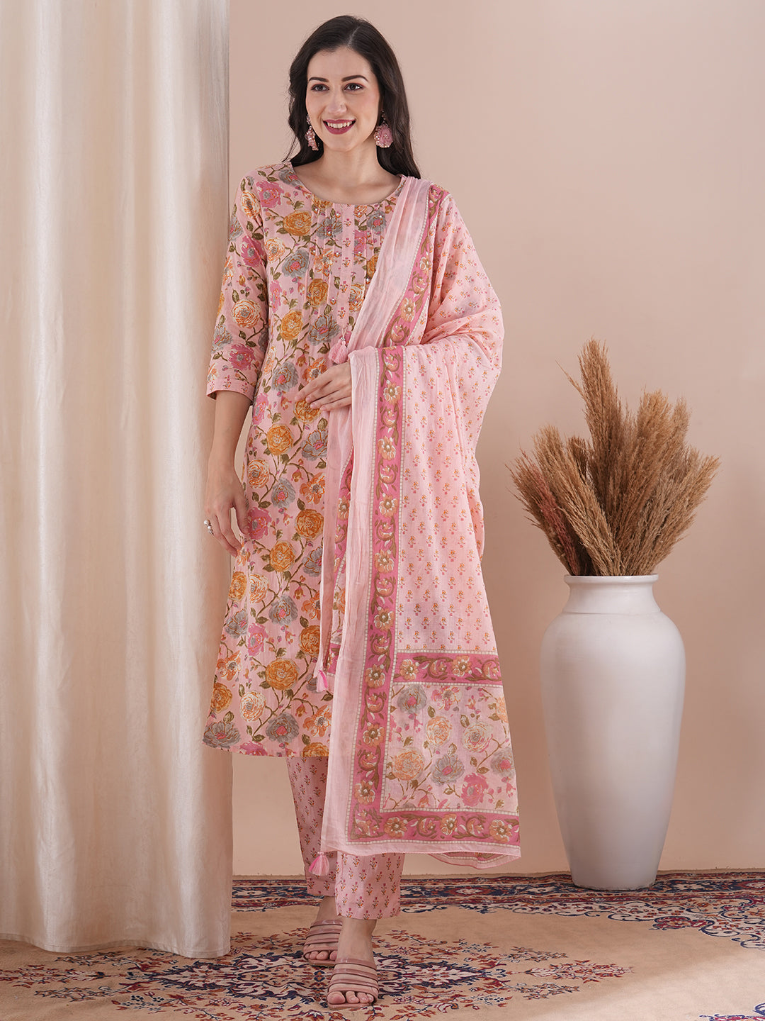 Ethnic Floral Printed & Embroidered Straight Fit Kurta with Pant and Dupatta - Pink