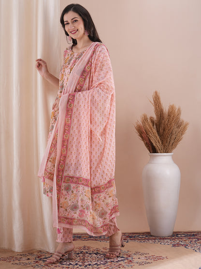 Ethnic Floral Printed & Embroidered Straight Fit Kurta with Pant and Dupatta - Pink