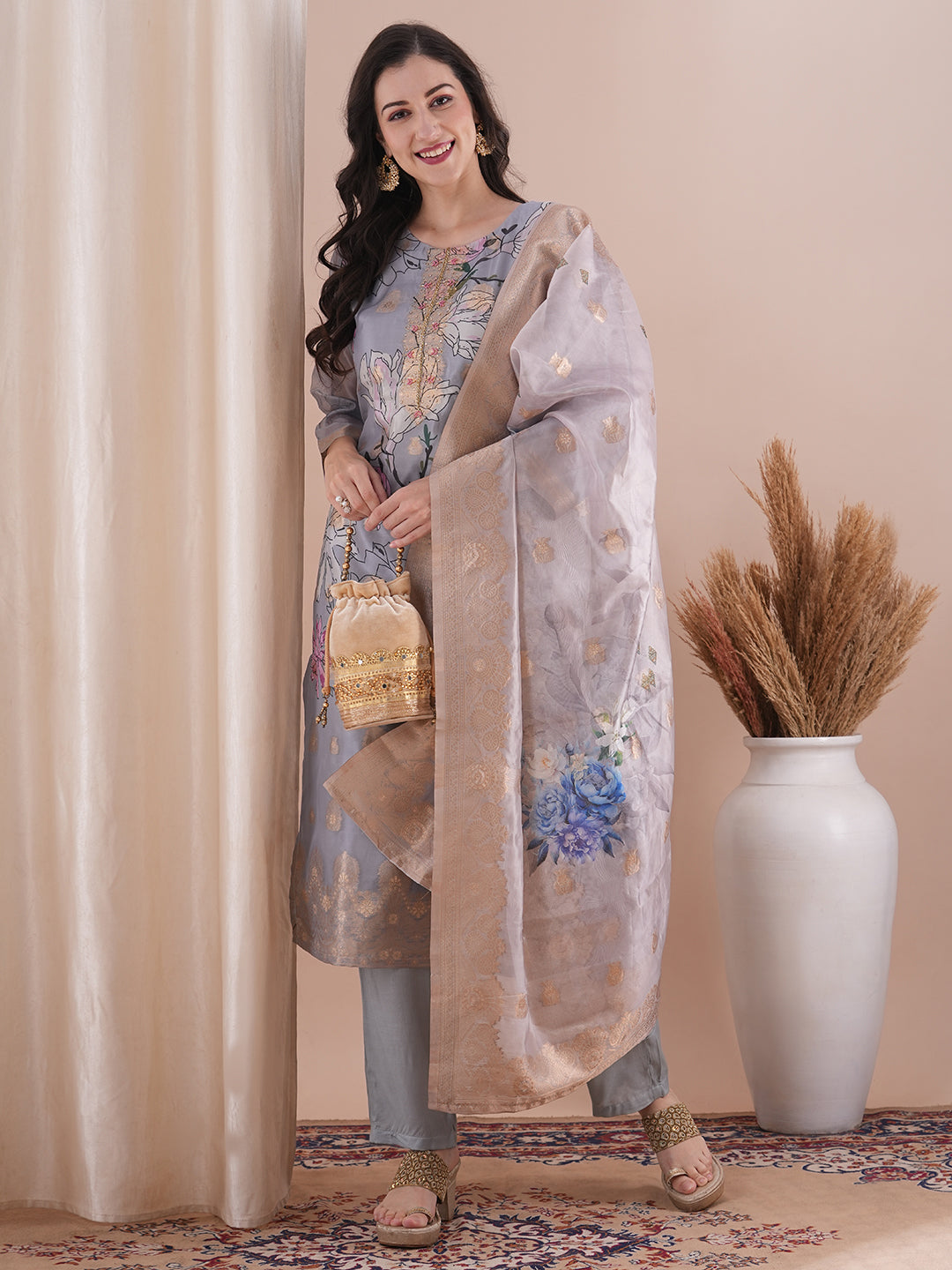 Floral Printed & Embroidered Straight Fit Kurta with Pant & Dupatta - Powder Blue