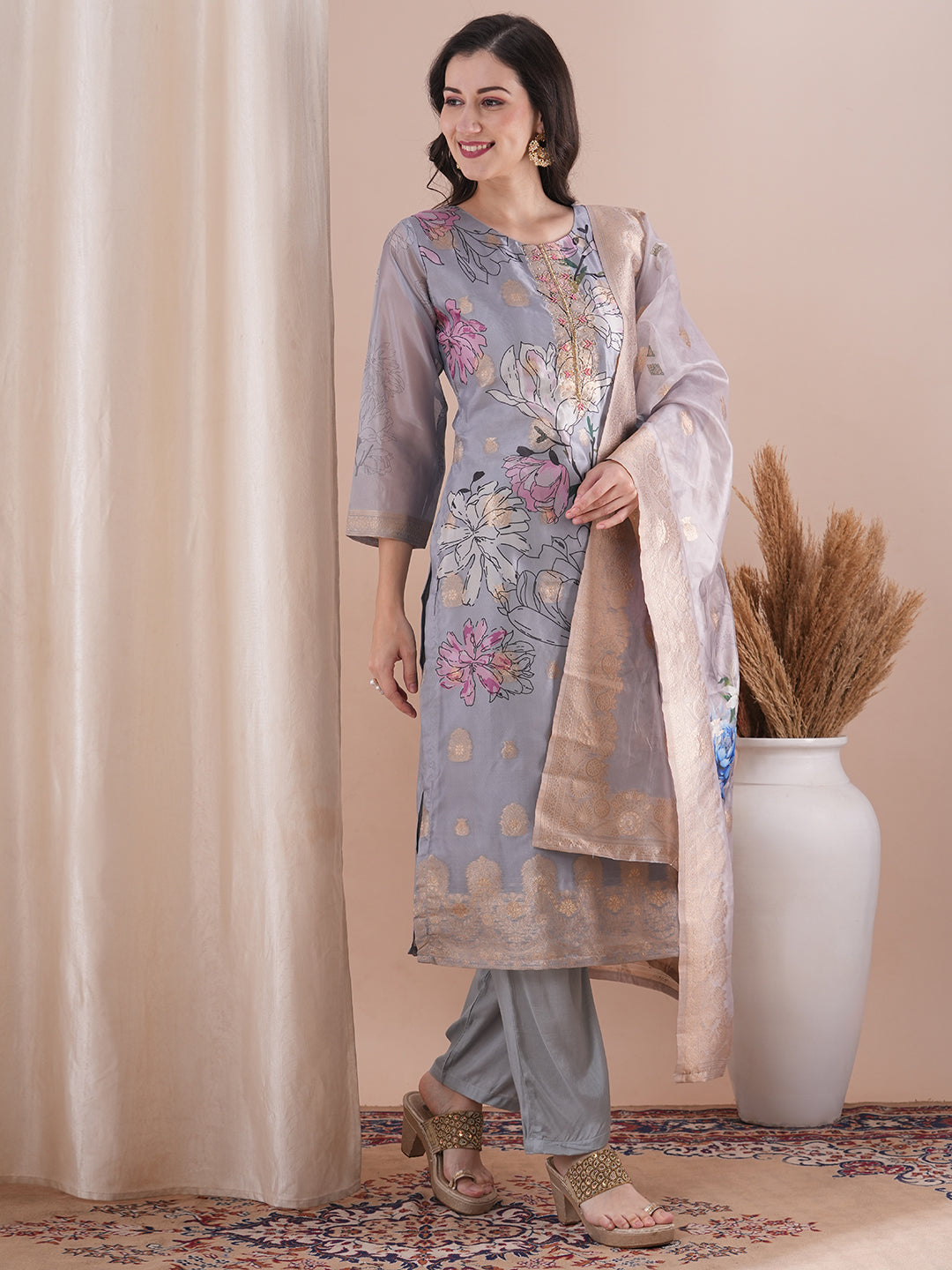 Floral Printed & Embroidered Straight Fit Kurta with Pant & Dupatta - Powder Blue