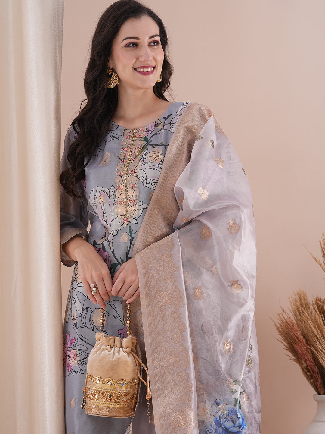 Floral Printed & Embroidered Straight Fit Kurta with Pant & Dupatta - Powder Blue