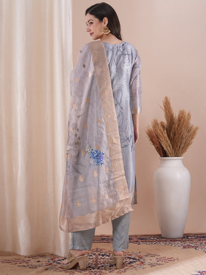 Floral Printed & Embroidered Straight Fit Kurta with Pant & Dupatta - Powder Blue