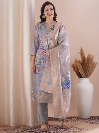 Floral Printed & Embroidered Straight Fit Kurta with Pant & Dupatta - Powder Blue