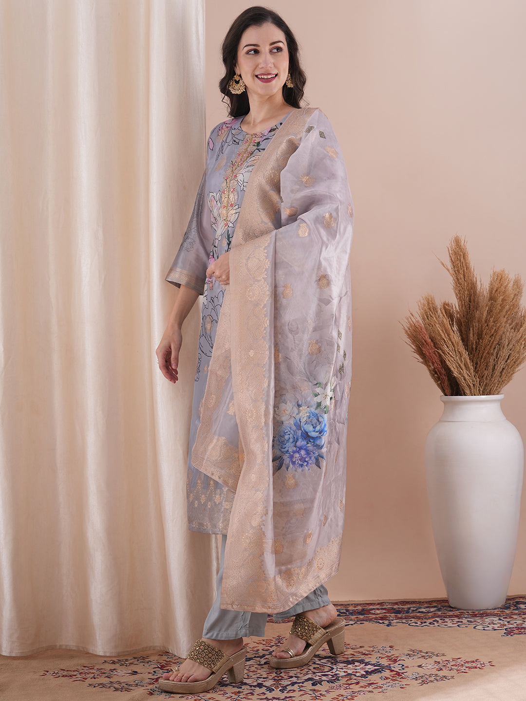 Floral Printed & Embroidered Straight Fit Kurta with Pant & Dupatta - Powder Blue