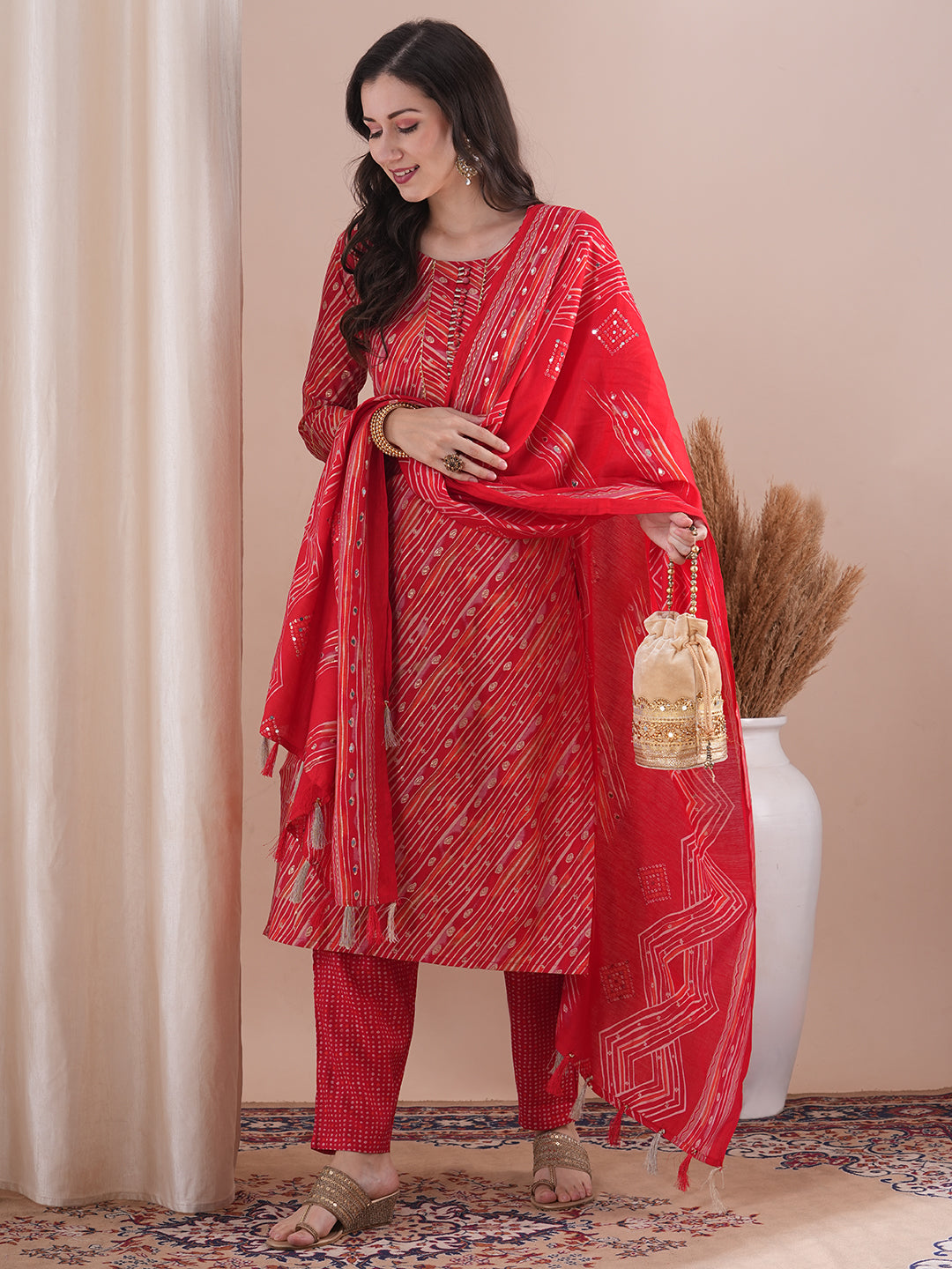 Abstract Geometric Printed Straight Fit Kurta with Pant & Dupatta - Red