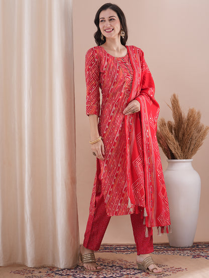 Abstract Geometric Printed Straight Fit Kurta with Pant & Dupatta - Red