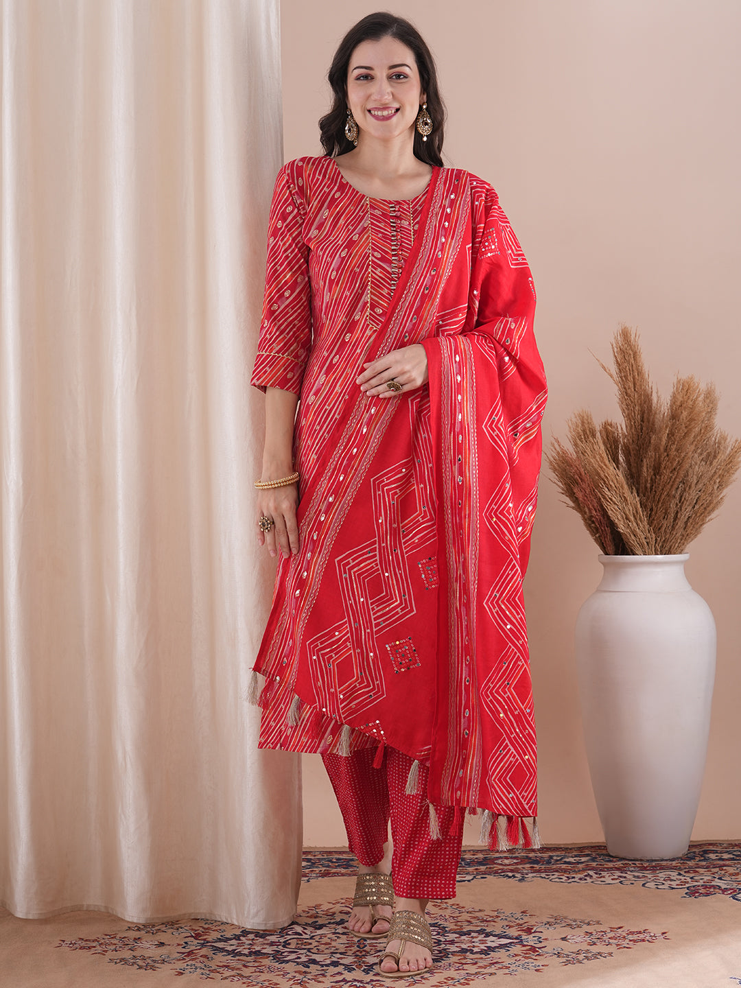 Abstract Geometric Printed Straight Fit Kurta with Pant & Dupatta - Red