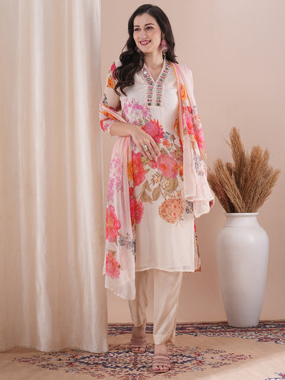 Abstract Floral Printed & Embroidered Straight Fit Kurta with Pant and Dupatta - Off White