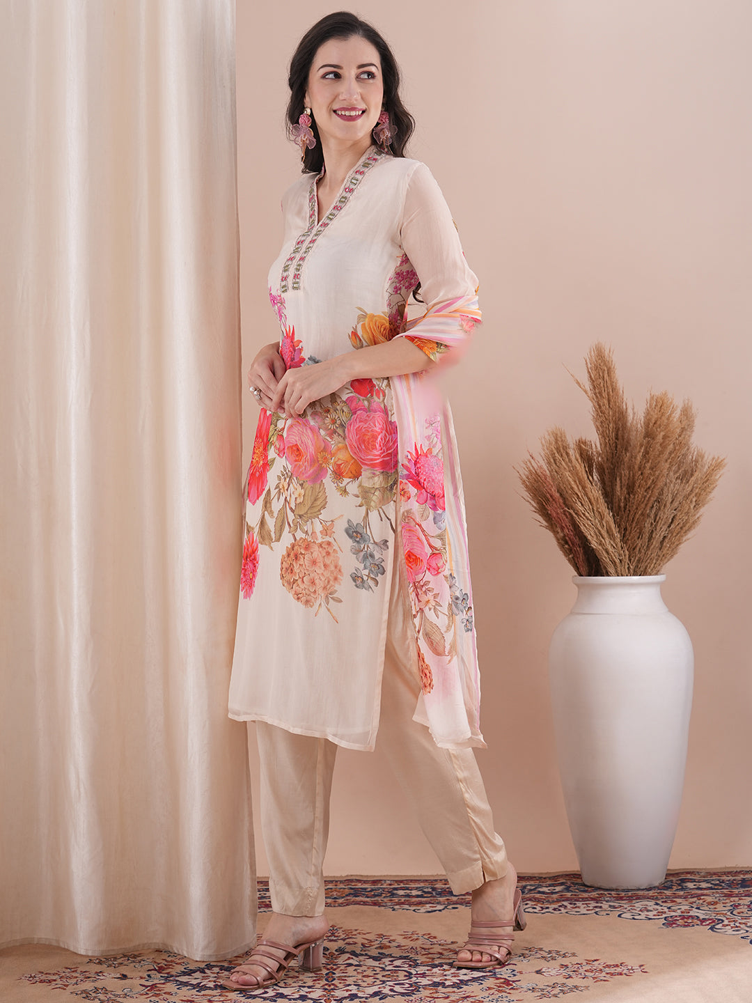 Abstract Floral Printed & Embroidered Straight Fit Kurta with Pant and Dupatta - Off White